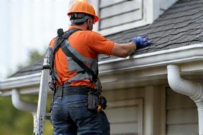Technician installing gutter system